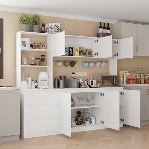 Mekminop Extra Large Kitchen Pantry with Microwave Shelf, Kitchen Hutch Storage Cabinet with Countertop, Freestanding Countertop Cabinet with 3 Drawers and 3 Open Shelves, White - color: White, size: 82.7" Wide