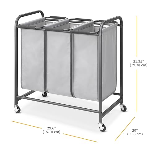 Whitmor Triple Laundry Sorter - 3 Removable Bags with Easy-Grip Handles - Rolling Laundry Sorter - Grey - size: 3 Section A,Grey