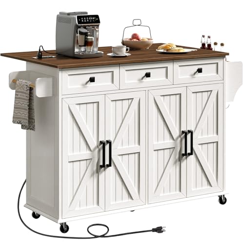 RALGEND Kitchen Island with Drop Leaf & Power Outlet, Rolling Kitchen Island Cart On Wheels, Barn Door Kitchen Island Table with Storage and Tower Rack, Island Table for Kitchen, White and Walnut - color: White + Walnut