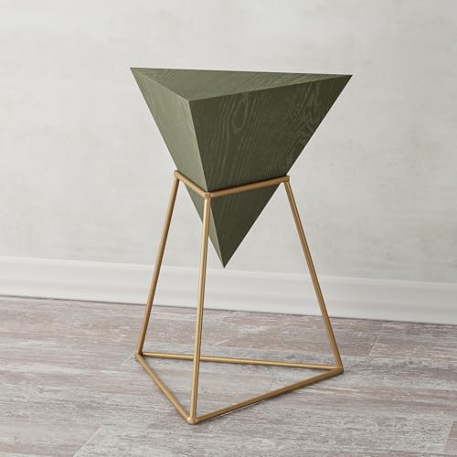 COZAYH Modern Geometric End Table with Wooden Top and Golden Metal Base, Unique Pyramid Side Table Plant Stand for Office, Living Room, Bedroom, Fully Assembled, Triangle, Green - color: Green