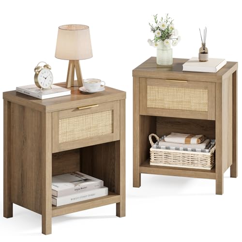Eclatara Rattan Nightstand Set 2: Boho End Table with Drawer and Storage Shelf, Farmhouse Cane Accent Bedside Night Stands for Bedroom Small Space Sofa (2, Caramel Oak) - color: Caramel Oak (Medium 1 Drawer)