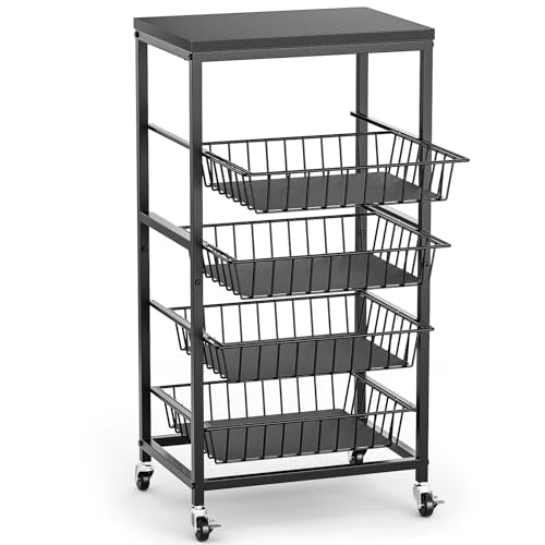 Snack Cart, 5-Tier Kitchen Carts on Wheels with Storage,Fruit Basket Stand with Pull-Out Baskets and Wood Top,Kitchen Organizer for Fruit Vegetable Snack (Black) - color: Black