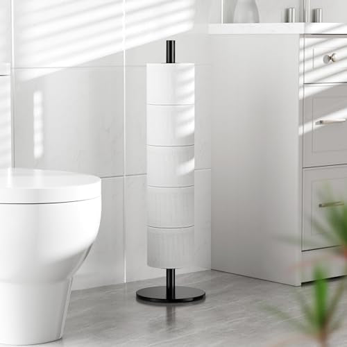 Freestanding Toilet Paper Holder with Shelf,5 Roll Storage,Matte Black | Holds 5 Toilet Paper Rolls,Rustproof Stainless Steel,Waterproof Storage Shelf,Freestanding No Drilling Design,Easy Assembly - color: Matte Black
