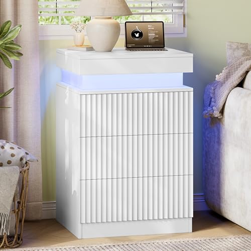 Xixini Nightstand with Charging Station and RGB LED Lights, Fluted 3-Drawer Bedside Table with Sliding Top, Wooden End Table for Bedroom, Living Room, White - color: White