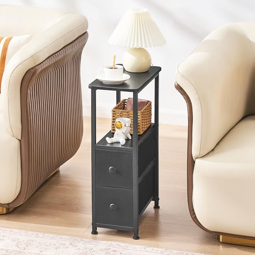 DALEMHOME End Table, Narrow Side Table with 2 Fabric Drawers, Slim Nightstand, Small Bedside Table with Storage, Living Room, Bedroom, Black HKET1200BK - color: Black, size: 7.9" W x 15.7" D, style: No Power