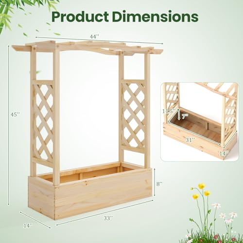 Giantex Raised Garden Bed with Trellis & Hanging Roof, Wooden Elevated Planter Box with Drainage Hole, Freestanding Gardening Planter Raised Bed for Flowers Herbs Climbing Plants Vines, 44”x14”x45” - color: Natural, size: 44”x14”x45”