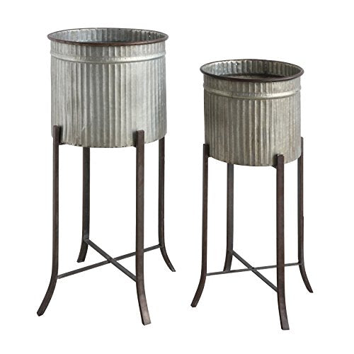 Creative Co-Op Set of 2 Iron Planters on Stands - color: Silver and Black, size: 13.5" diameter x 31" H