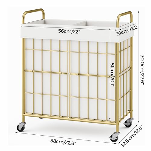100L 2-Section Laundry Hamper with Wheels, Laundry Basket with Liner Bag | Lockable Casters; Divided Removable Liner; Reinforced Steel Frame; Metal Handle - color: Golden+White, size: 100L-2 Sections