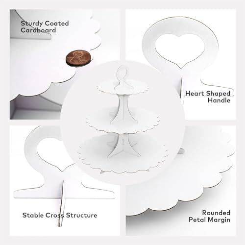 White Cupcake Stand Tower, 3-Tier Cardboard Dessert Display with Heart Handle,Perfect for Birthday Baby Shower Wedding Tea Party Graduation, Easy 60-Second Assembly, Holds 12+Cupcakes (1-Pack) - color: White 1 Pack