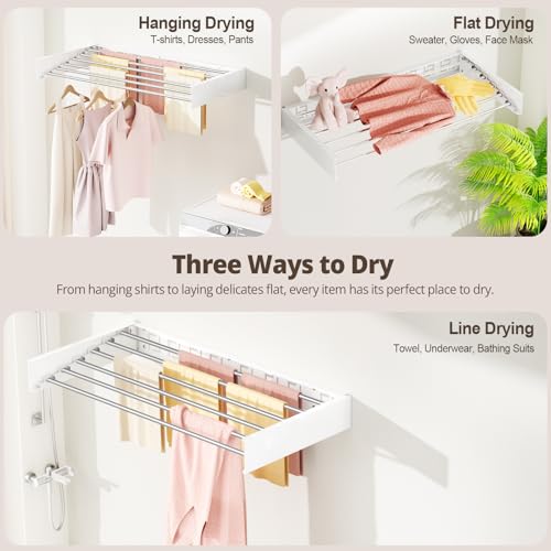 Wall Mounted Clothes Drying Rack Folding Indoor, Foldable Laundry Drying Rack Collapsible,Invisible, Space Saving, Retractable Towel Drying Rack, with Wall Template(6 Drying Rods, White 40") - color: White, size: White-40"