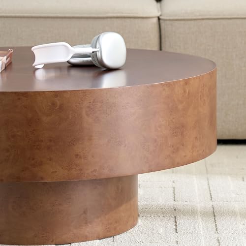 Round Coffee Table Wood, Modern Drum Low Short Faux Burl Low Short Coffee Tables for Living Room 31.49" W Mid Century Wooden Pedestal Fluted Circle Accent Small Center Apartment Easy Assembly Walnut - color: 31.49" Walnut