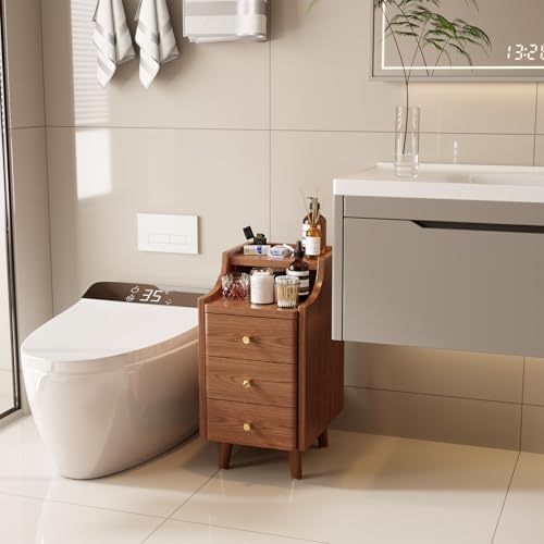 Solid Wood Narrow Nightstand with Drawers,Walnut Nightstand Wood Bedside Table Modern for Bedroom,Study,Toilet - color: Walnut, size: 15.75"D x 11.81"W x 23.62"H(3 Drawers)