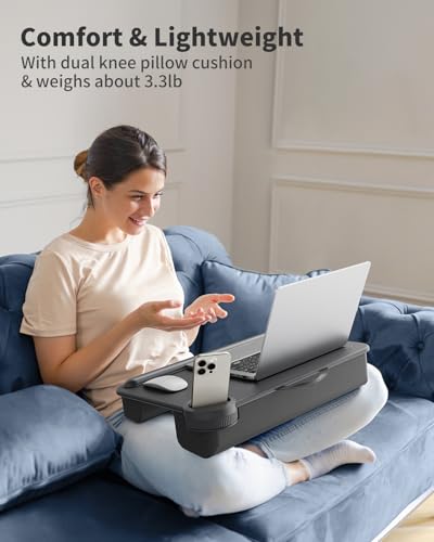 SAIJI Laptop Lap Desk with External Monitor Holder Fits Up to 17" Laptops | Lightweight Lap Tray Table Stand with Soft Leather Wrist Pad, Lap Desk with Cushion for Home Office Working/Gaming On Couch - color: Deep Black
