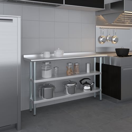 AmGood Stainless Steel Work Table with 1.5" Backsplash and 2 Shelves | Metal Kitchen Food Prep Table | NSF (60" Long x 14" Deep) - size: 60" Long x 14" Deep