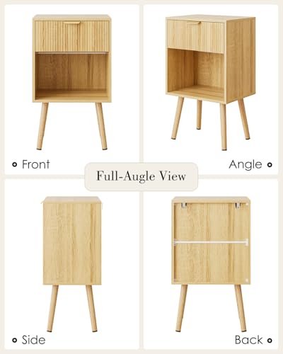 Oak Fluted Nightstand, Modern Bedside Table with Storage Drawer, Wood Night Stand Side End Table for Bedroom, Living Room, Office - color: Oak