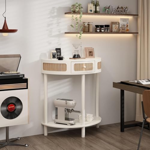 Wnutrees Rattan Half Moon Console Table, Modern Entryway Table with Drawer, Boho Sofa Table with Bottom Storage Shelf, Small Semicircular Tables for Hallway, Living Room, White - color: White