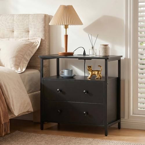 Edbuosy 27 inch Wide Nightstand Set 2 with Charging Station, Bedside Table with Open Shelf, 2 Drawers Small Wood Dresser, Modern Wood Nightstand for Bedroom/Living Room, Black - color: Black-2 Pack, size: 27"W-2 Drawers