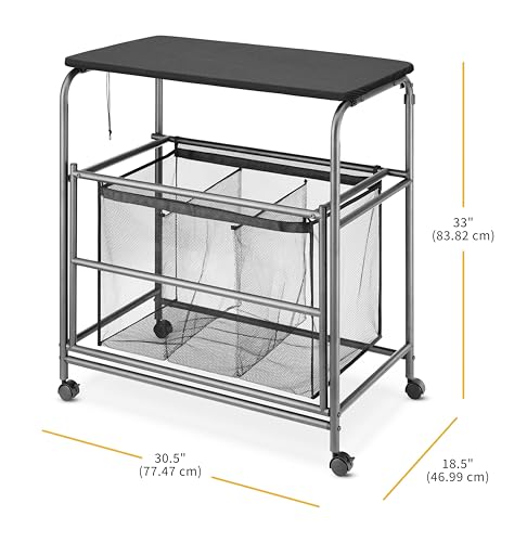 Whitmor Triple Laundry Sorter with Ironing & Folding Table - Rolling Laundry Sorter with Ironing Table - Gunmetal - size: 3 Section lroning Board,Black