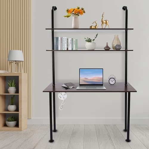 2-Shelf Industrial Wall Mount Ladder,Wall Mount Computer Desk Writing Desk,Industrial Bookcase Desk with Shelves,Floating Desk with Storage, Wall Table for Home Office, Brown (47.2"×20"×79") - color: Black/ Brown (47"w)