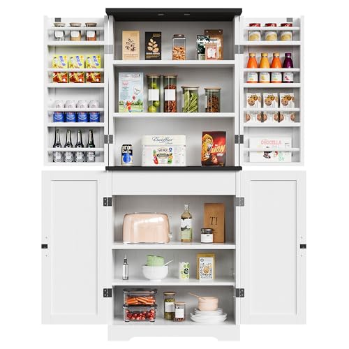 Vongrasig Kitchen Pantry Storage Cabinet with Barn Doors, Drawer and Adjustable Shelves, 6-Tier Tall Rustic Wood Cupboard Locker for Kitchen, Dining Room, Living Room, Bathroom, (White) - color: White