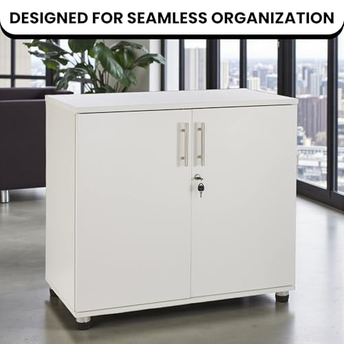 MMT Storage Cupboard, Storage Cabinet, File Cabinet for Office Documents, Garage Tools, Utility, White Wood, Lockable, 31.5" Long