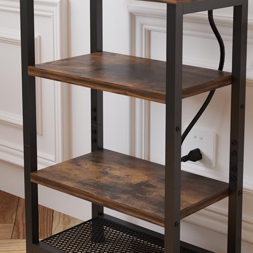 Narrow Nightstand with 4-Tier Shelves, Small Side Table with Charging Station, Skinny Nightstand with Bookshelf, Thin End Table with USB Ports and Outlets, Bed Side Table for Bedroom, Home Office