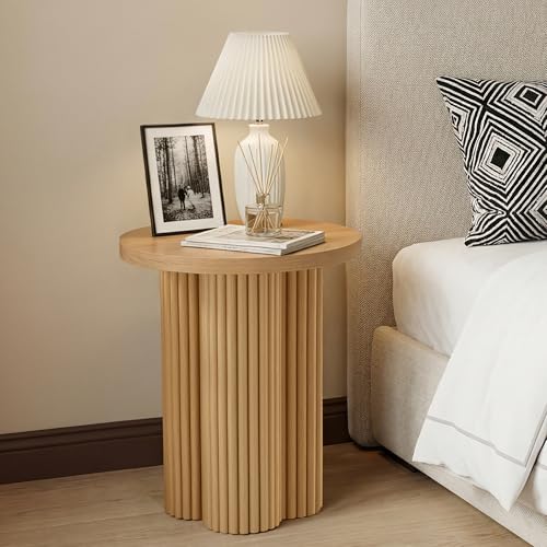 Small Sofa Side Table Set of 2, Fluted Accent Pedestal End Table, Wood Round Night Stand, Farmhouse Bed Side Table Drink Tables for Living Room, Small Spaces (Natural-2PCS) - color: Natural-2pcs