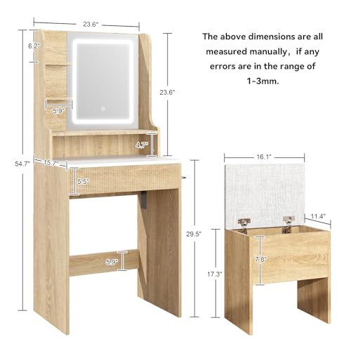 YOURLITE 24" Fluted Makeup Vanity Desk with LED Mirror and Stool | Small Vanity Table Set, 3 Lighting Modes, Charging Station, Hairdryer Holder, Cushioned Stool - size: 27.5", style: Wooden