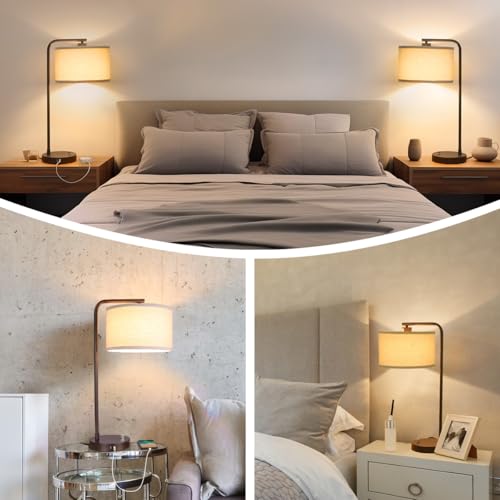 Table Lamps Set of 2, Fully Dimmable Bedside Lamp with USB C+A Charging Ports, Modern Nightstand Lamps with Linen Fabric Shades, Tall Desk Lamp for Bedroom, Living Room, Office, LED Bulb Included - color: Brown 2 Pack