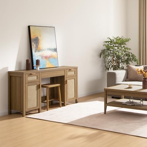 SICOTAS 52" Rattan Vanity Home Office Desk Vanity Table with 3 Drawers | 2 Pieces Farmhouse Boho Makeup Vanity Dressing Table with Large Storage, Vanities Desk for Makeup Room, Bedroom, Office - size: 2 Pieces, style: Reclaimed Caramel Oak