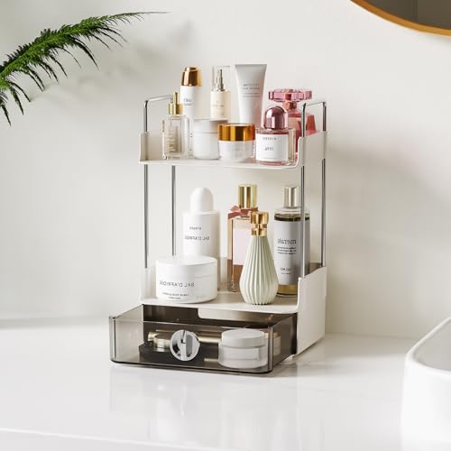 Small Vanity Organizer for Dresser & Countertop - Dorm & Home Office Makeup Storage (7.8"x5.9") with Metal Support, 2-Tier Design with Drawer for Skincare, Perfume, College & Apartment