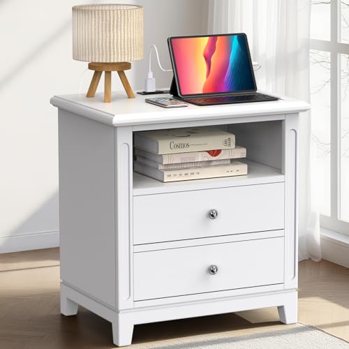 24" Wide Farmhouse Nightstand with Charging Station, Solid Wood End Table with 2 Large Drawers & Open Shelf, Bedside Table with USB Ports and Outlets, Side End Table for Bedroom - color: White