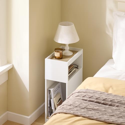 SoBuy Narrow Nightstand with Drawer and Open Shelf – Slim Small Bedside Table for Tight Spaces, Compact Skinny White Nightstand for Bedroom or Dorm, Wooden Side Table, White FBT171-WN