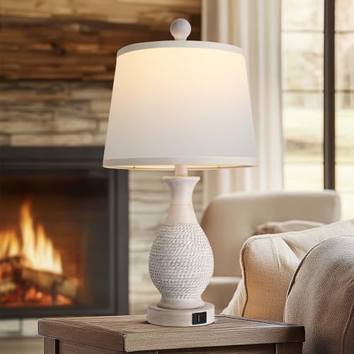 PARTPHONER Traditional Table Lamps Set of 2, Bedside Touch Lamp with USB C+A Charging Ports, Rustic Farmhouse Table Lamps for Living Room Bedroom, Side Table Lamp with White Fabric Shade, Antique Grey - size: Grey 22.6" Touch Lamp