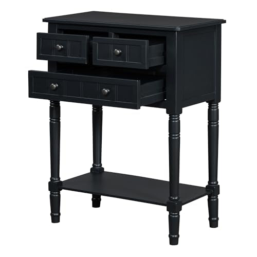 GDFStudio Narrow Console Table - Slim Sofa Tables with 3 Storage Drawers & Bottom Shelf,Solid Wood Frame,Distressed Finish - Accent Table for Living Room,Hallway,Small Spaces,Entryway,23.7" Black - color: Black
