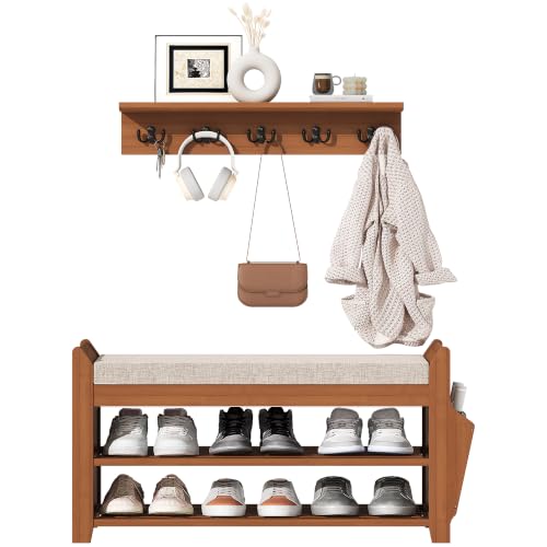 PETKABOO 31.5" Shoe Bench with Coat Rack Hidden Drawer and Side Holder, 2 Tier Entryway Bench with Storage 39.4 in, Bamboo Shoe Rack with Cushion for Entryway Hallway Living Room Bedroom - size: 31.5 in with Hook