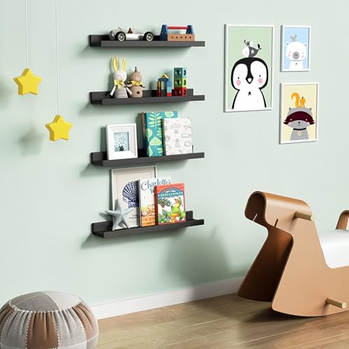 Forbena 24 Inch Floating Picture Ledge Shelf Set of 4 | Solid Wood | Size: W 24" x D 4.5" x H 2.2" | Living Room | Bedroom | Office - color: Black, size: 24 Inch