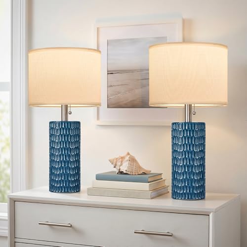 Reaketon Table Lamps for Living Room Set of 2, Ceramic Table Lamps for Bedroom, 20" Modern Lamps for Night Stands, Blue - color: Blue