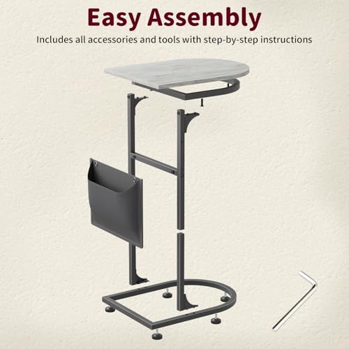 C Shaped End Table, Slide Under Small Side Table for Couch & Small Spaces | Wobble-Free C Table For Sofa, Greige, Storage Bag, Sturdy Metal Frame, Wood Top, Living Room & Bedroom, 15-Min Quick Assembly - color: Classic Greige