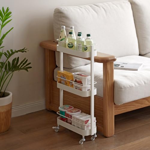 Rolling Storage Cart, 3 Tier Bathroom Organizer Mobile Shelving Unit, Metal Utility Cart Tower Rack for Kitchen Laundry Narrow Places(Fully Assembled Furniture, White) - color: White
