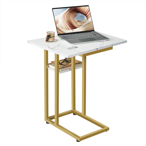 HOOBRO Foldable C Shaped End Table, C Shaped Side Table with Storage Shelf, Small Snack Table, Slide Under Couch Table for Sofa, Living Room Bedroom Small Spaces Easy Assembly, Gold DM29SF01 - color: Marble + Gold