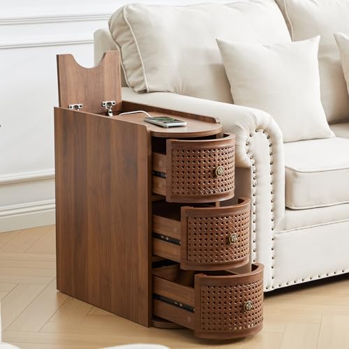 Narrow End Table with 3 Drawer, Metal Rattan Side Table with Storage, Narrow Charging Nightstand for Bedroom Bedside, Living Room Couch Sofa, Office, Desk Side Table for Small Spaces - Walnut - size: Drawer Walnut-1pcs