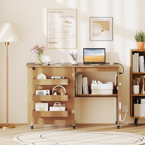 Giantex Folding Sewing Table with Charging Station, Storage Trays & Shelf | Rolling Craft Table with Lockable Wheels, Foldable Sewing Machine Cabinet Desk for Small Spaces, Dorms, Natural - color: Natural