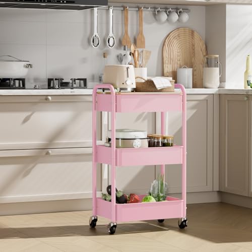 3 Tier Rolling Cart with Table top, Metal Rolling Utility Cart, Sturdy Storage Organizer Cart with Locking Wheels & Hooks for Office, Classroom, Kitchen and Bathroom,Pink - color: Pink