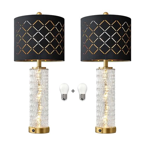 Oneach 27.75" Modern Table Lamps Set of 2, Gold Bedside Lamp with Crystal Nightlight, USB A+C, Black Grid Shade, Unique Desk Lamps for Living Room, Bedroom, Nightstand, End Table (2 Bulbs Included) - color: Gold - Black Shade