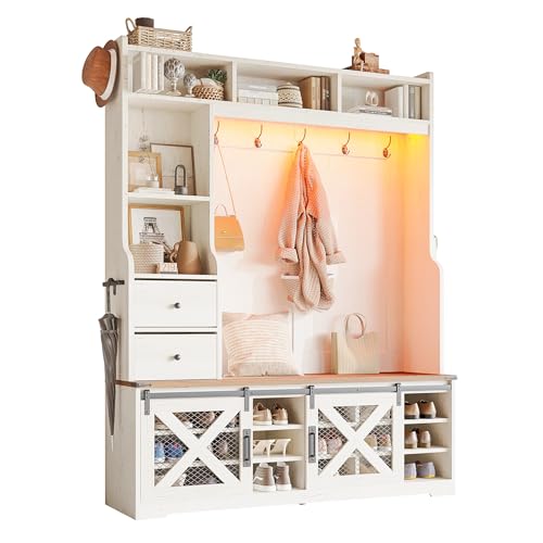 AMERLIFE 75" 7-in-1 Farmhouse Hall Tree with Bench and shoe storage, LED Entryway Bench with Coat Rack, 12 Shoe Cubbies, 2 Drawers, Barn Doors & Adjustable Shelf, Mudroom Hallway Cabinet, Rustic White - color: Rustic White