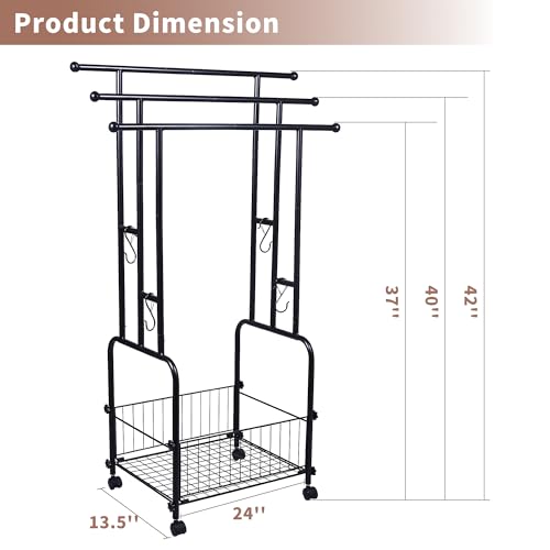 42" Tall Bathroom Towel Rack, Standing Towel Racks, 3 Tier Towel Holder with Storage Basket & 4 Hooks, Indoor Outdoor Freestanding Towel Racks with Anti-Skid Wheels, Pool Towel Blanket Stand