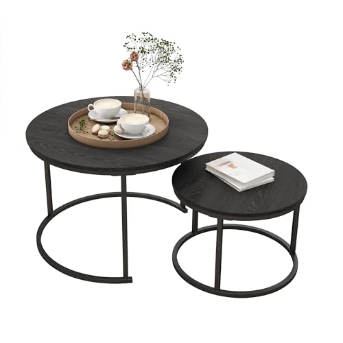 HOJINLINERO Round Nesting Coffee Table Set of 2,Small Black Coffee Table | Center Table for Living Room,Small Apartment,Small Space,Stacking Side Tables,Wood Tabletop,Sturdy and Easy to Assemble - color: Black, size: Small