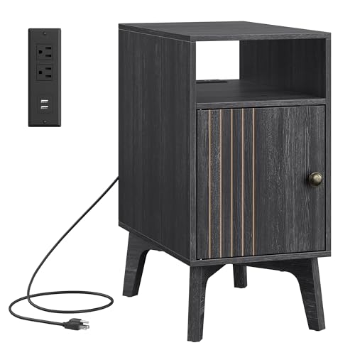 VASAGLE MAEZO Collection - End Table with Charging Station, Narrow Side Table, Nightstand with Tapered Legs, Curved Transitions, for Small Spaces, Bedroom, Charcoal Gray ULET329B101S - color: Charcoal Gray