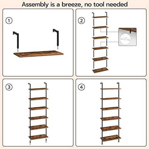 HOOBRO DIY Ladder Shelf, 6-Tier Wall Mounted Bookshelf, Office Vertical Bookcase, Wooden Storage Shelves for Home Office, Bedroom, Rustic Brown and Black BF65CJ01 - color: Rustic Brown and Black